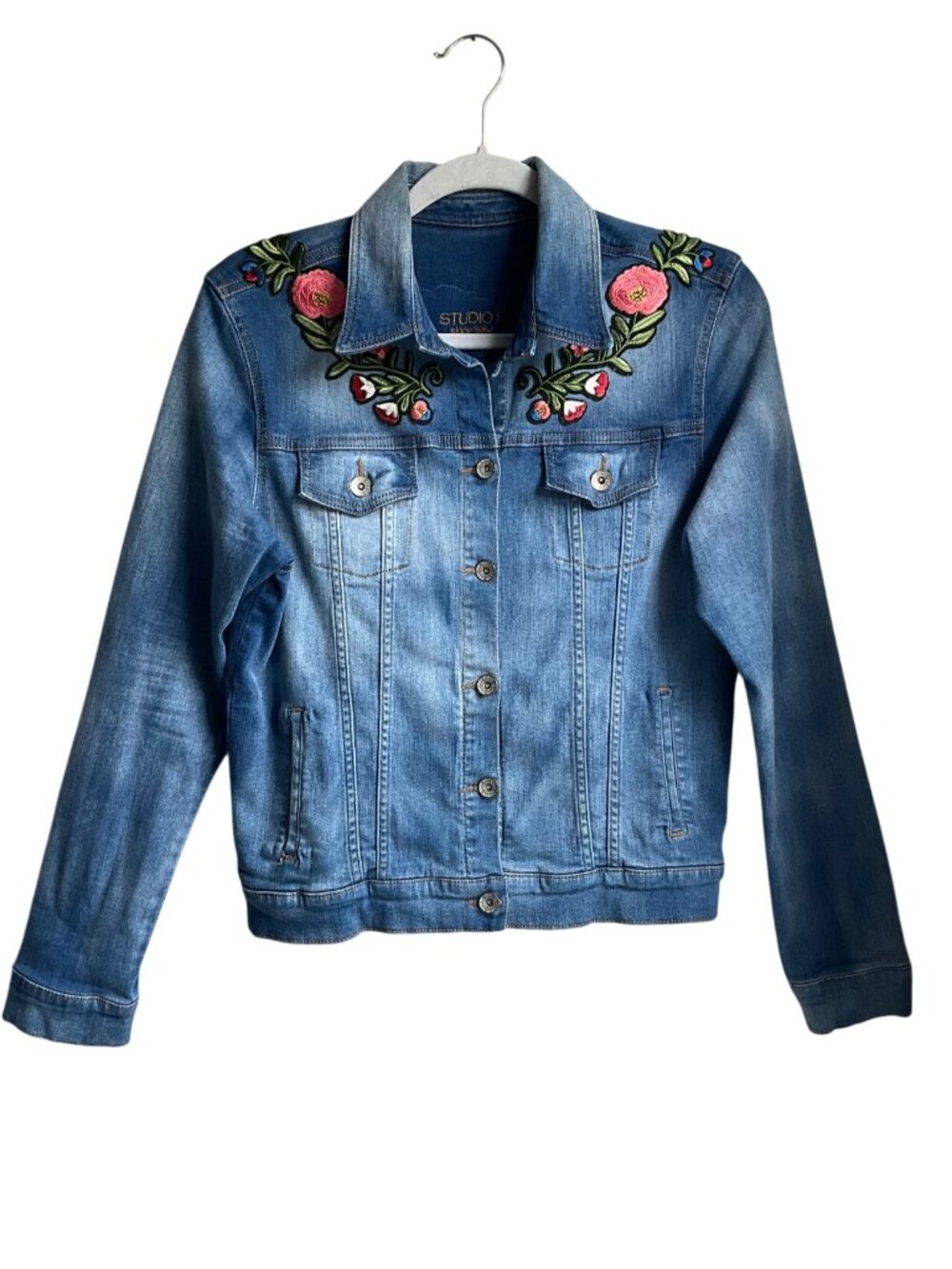 Studio F Med Embroidered Denim Jacket Floral & Tiger Stretch Boho Made Colombia - Picture 2 of 16